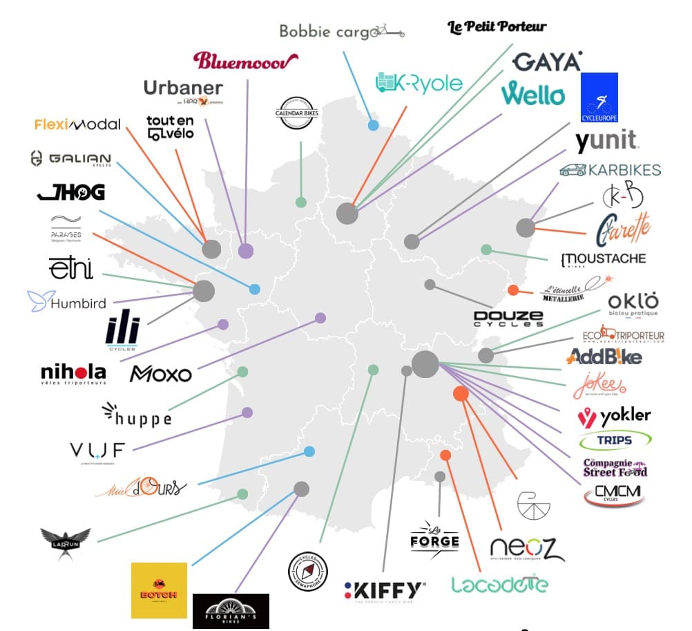 carte de France des acteurs de la filière des vélos cargos